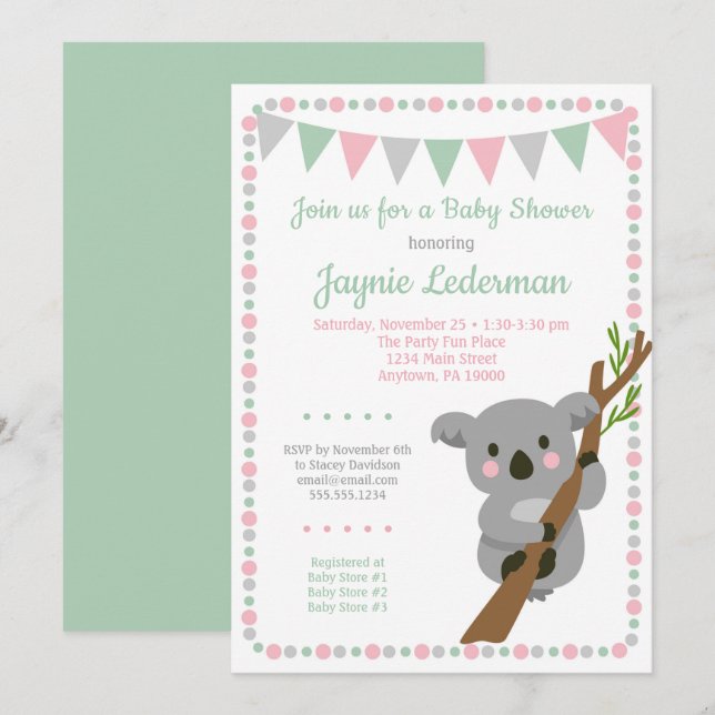 Koala Bear Baby Shower Invitation Pink Mint Girls (Front/Back)