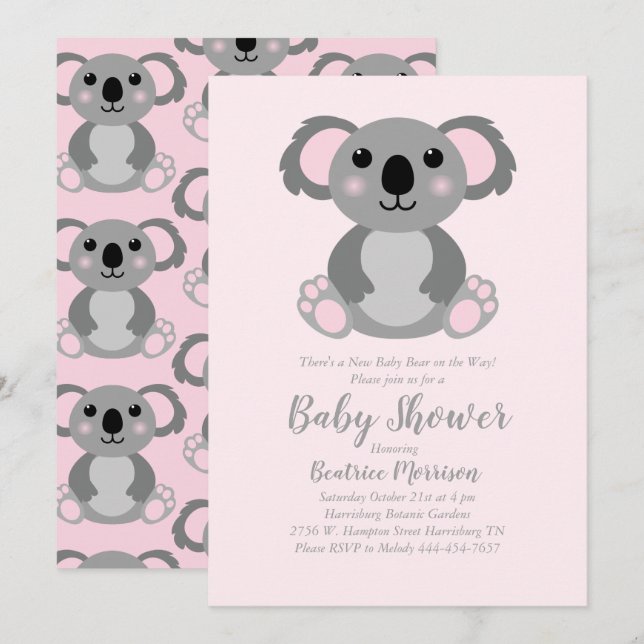 Koala Bear Baby Shower Pink Girl Invitation (Front/Back)