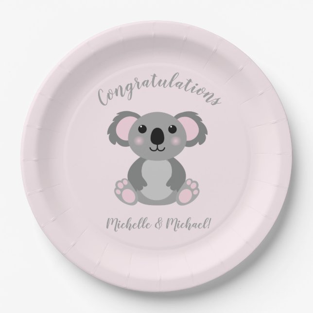 Koala Bear Baby Shower Pink Girl Paper Plate (Front)