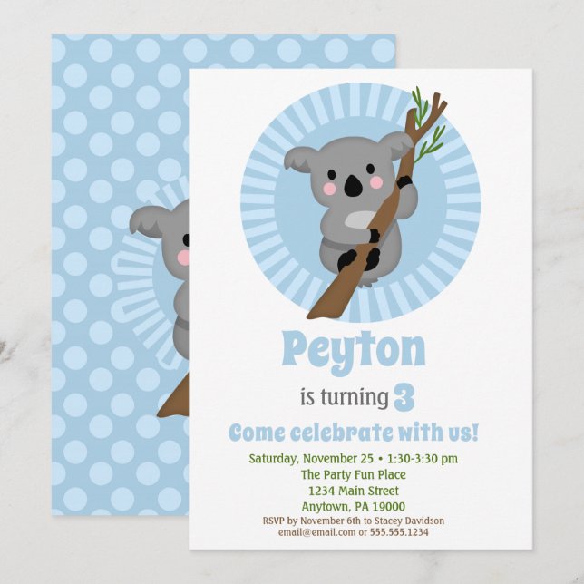 Koala Bear Blue Birthday Party Invitation (Front/Back)