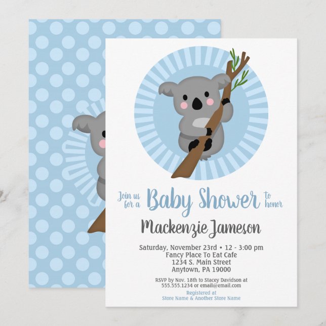 Koala Bear Blue Boys Baby Shower Invitation (Front/Back)