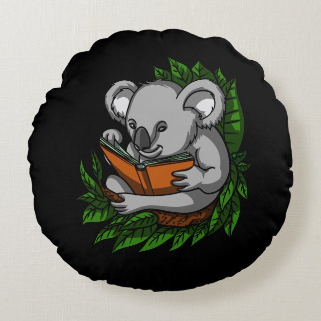Koala Bear Book Reading Lover Cute Animal Round Cushion (Front)