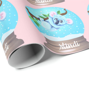 Koala bear cute snow globe pink girly  wrapping paper