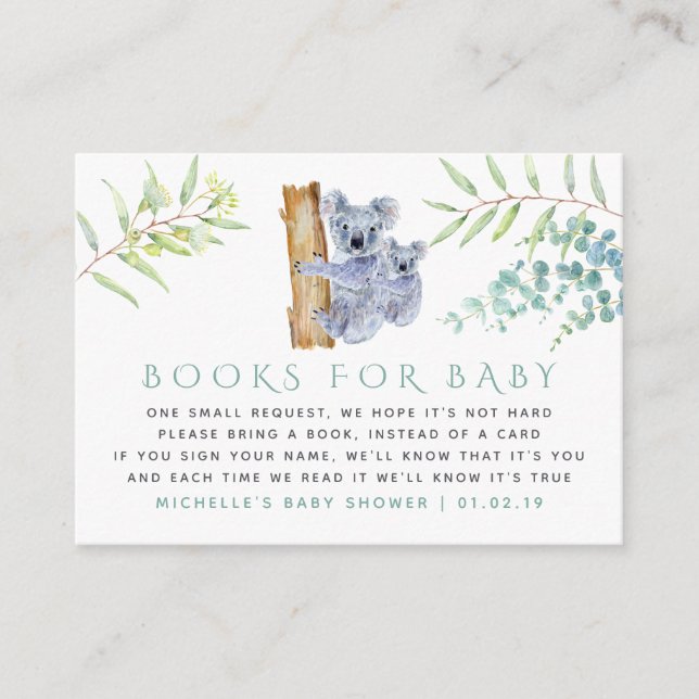 Koala Bear Eucalyptus Leaves Baby Book Request Enclosure Card (Front)