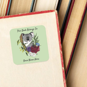 Koala Bear Green Bookplate Square Sticker