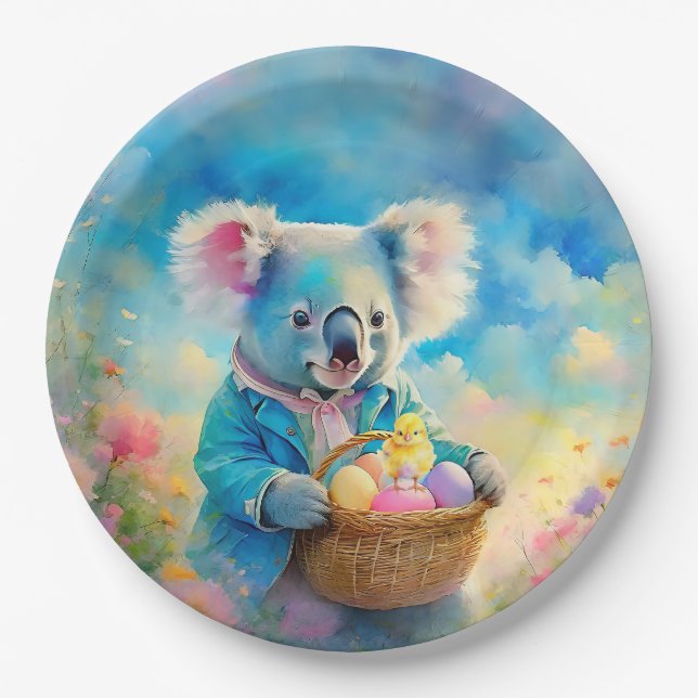 Koala bear holding a basket of Easter eggs Paper Plate (Front)