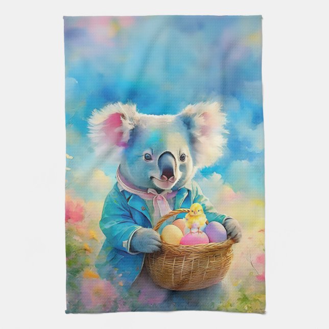 Koala bear holding a basket of Easter eggs Tea Towel (Vertical)