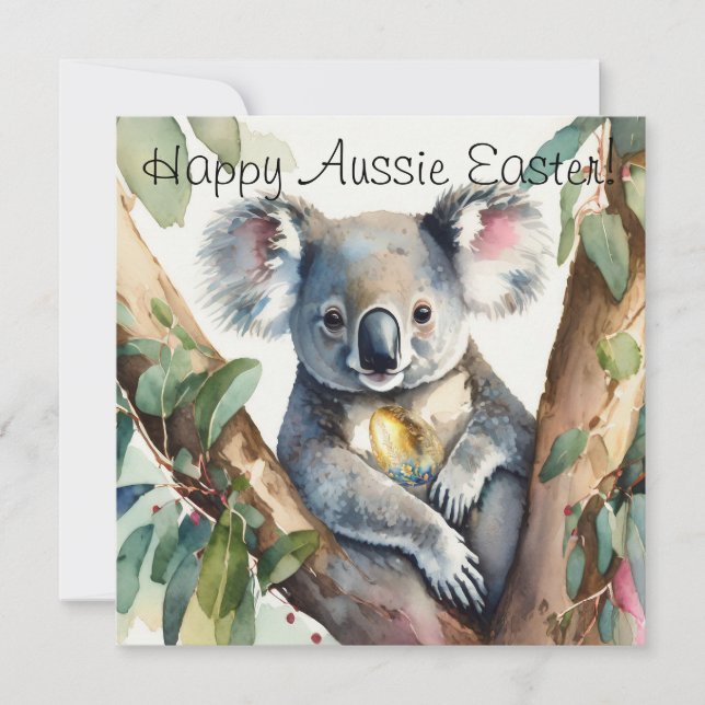 Koala bear holding a gold easter egg card (Front)