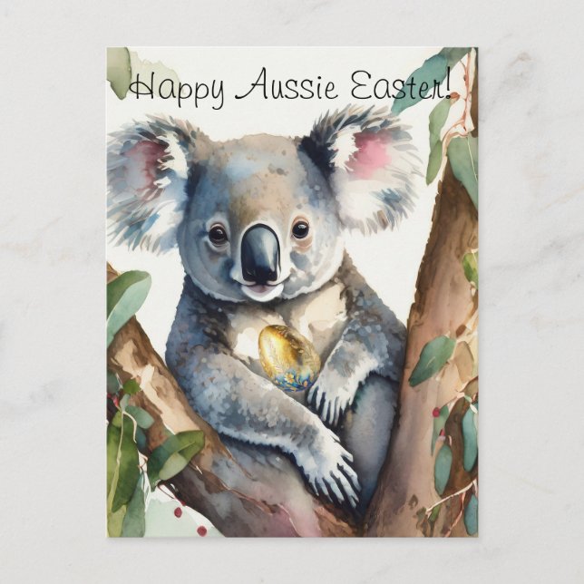 Koala bear holding a gold easter egg postcard (Front)