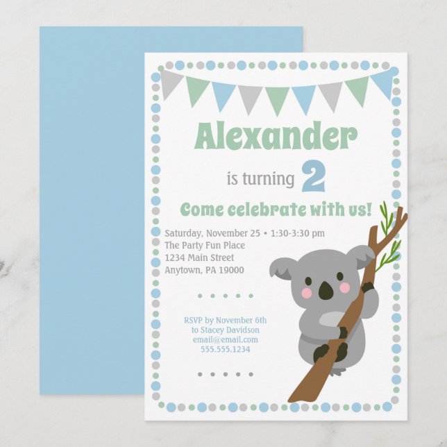 Koala Bear Invitation Cute Boy Birthday Party (Front/Back)