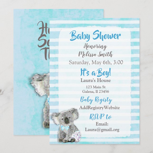 Koala Bear Its a Boy  Baby Shower Invitations (Front/Back)