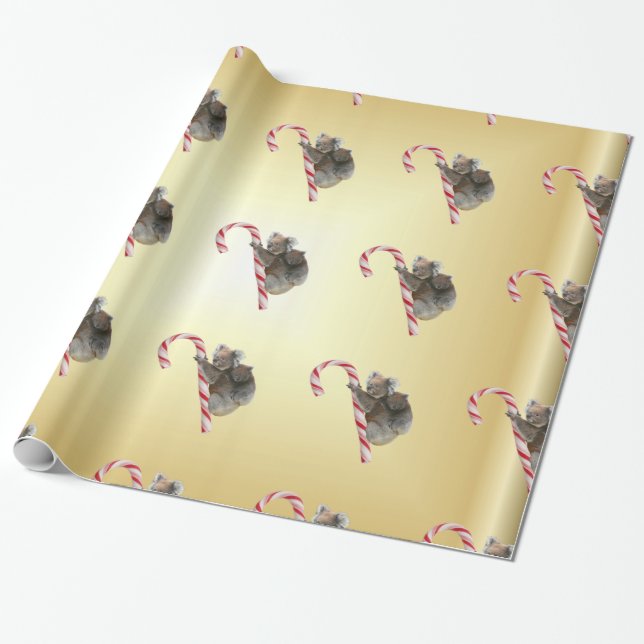 Koala Bear Mum and Joey Climbing Candy Cane Wrapping Paper (Unrolled)