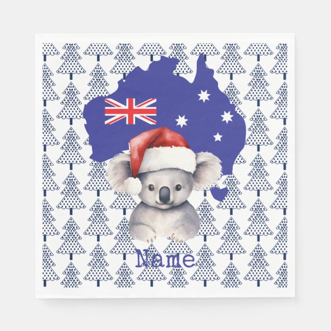 Koala Bear on Australia Flag and Christmas Tree Napkin (Front)