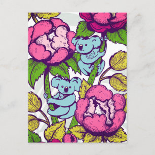 Koala bear on the peony flower postcard