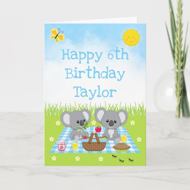 Koala Bear Picnic Blue Gingham Happy Birthday Card (Front)