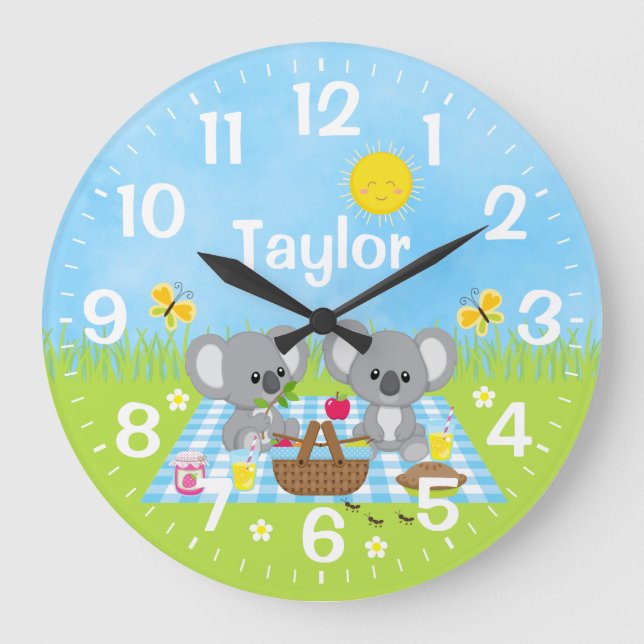 Koala Bear Picnic Blue Large Clock (Front)