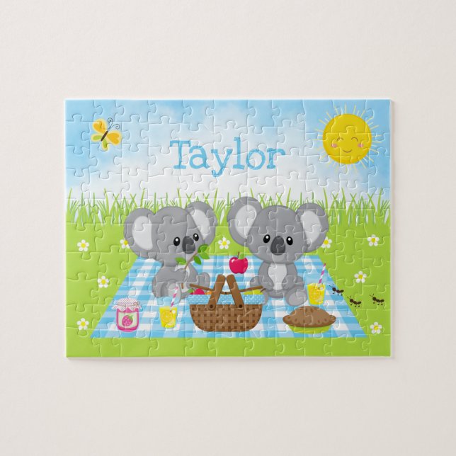 Koala Bear Picnic Boy Blue Gingham Jigsaw Puzzle (Horizontal)