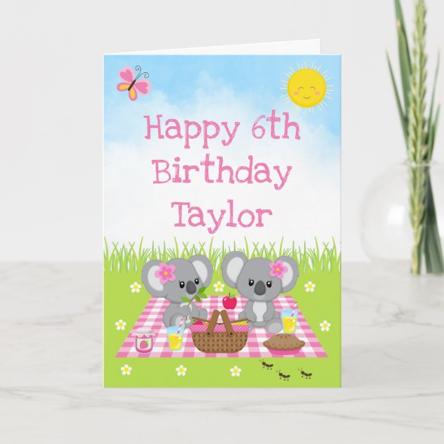 Koala Bear Picnic Pink Gingham Happy Birthday Card (Front)