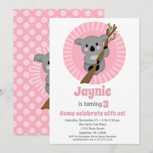 Koala Bear Pink Birthday Party Invitation