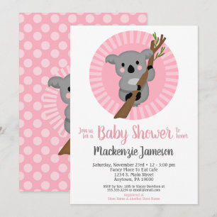 Koala Bear Pink Girls Baby Shower Invitation