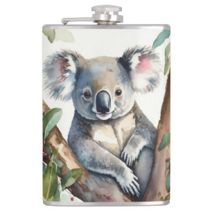 Koala bear sitting in gum tree hip flask