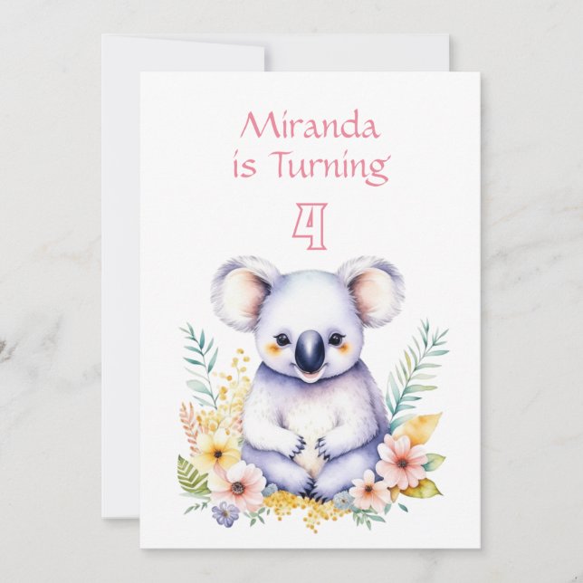 Koala Bear Themed Girl's Birthday Party Invitation (Front)