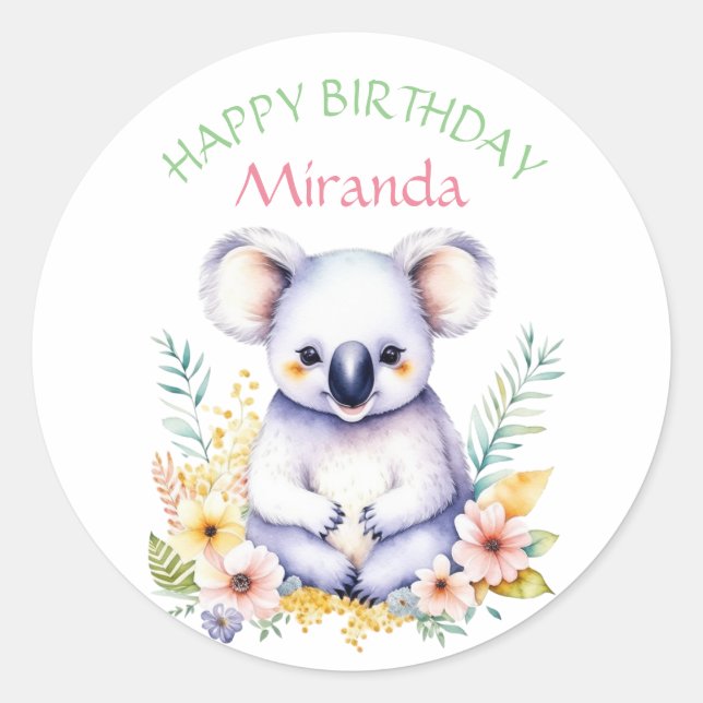 Koala Bear Themed Girl's Happy Birthday Classic Round Sticker (Front)