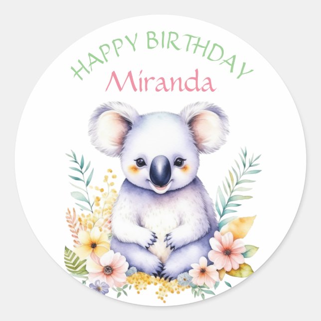 Koala Bear Themed Girl's Happy Birthday Classic Round Sticker (Front)