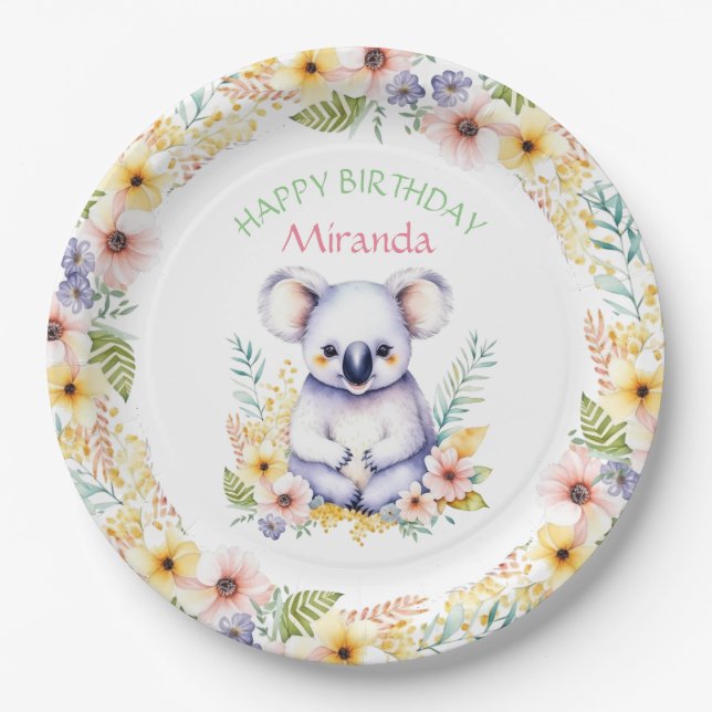 Koala Bear Themed Girl's Happy Birthday Paper Plate (Front)