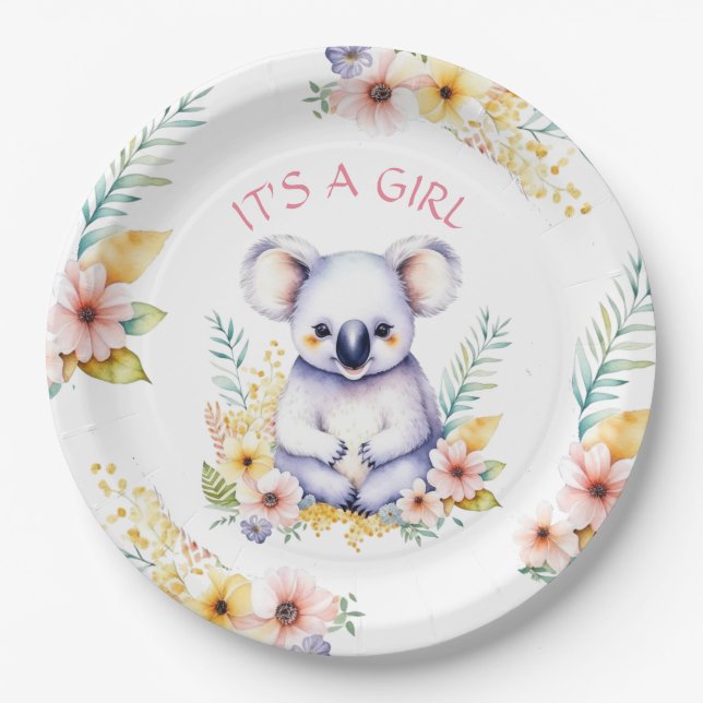 Koala Bear Themed It's a Girl Baby Shower Paper Plate (Front)