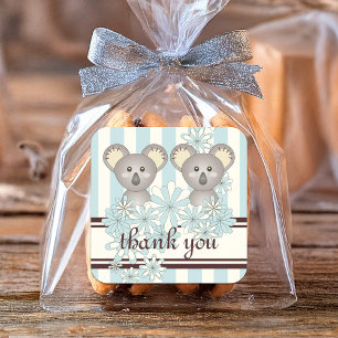 Koala Bear Twins Pastel Blue Stripes Thank You Square Sticker