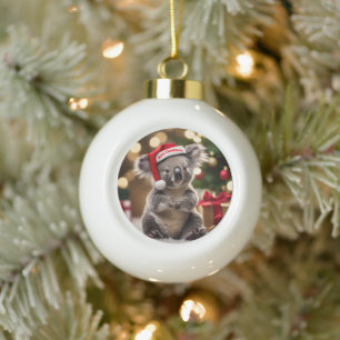 Koala Bear Wearing Santa Hat, Ceramic Ball Christmas Ornament