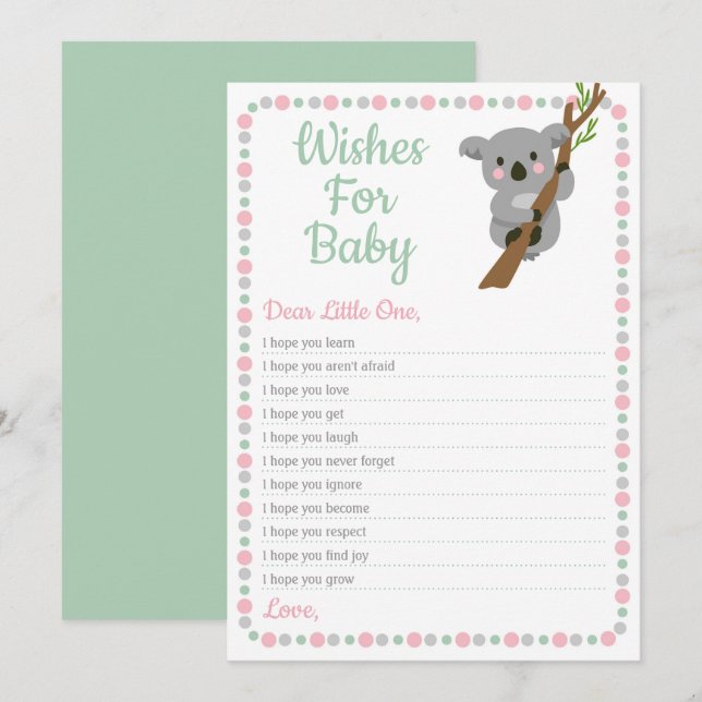 Koala Bear Wishes For Baby Shower Game Pink Girl Invitation (Front/Back)