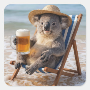 Koala Bear With a Beer on a Beach Square Sticker