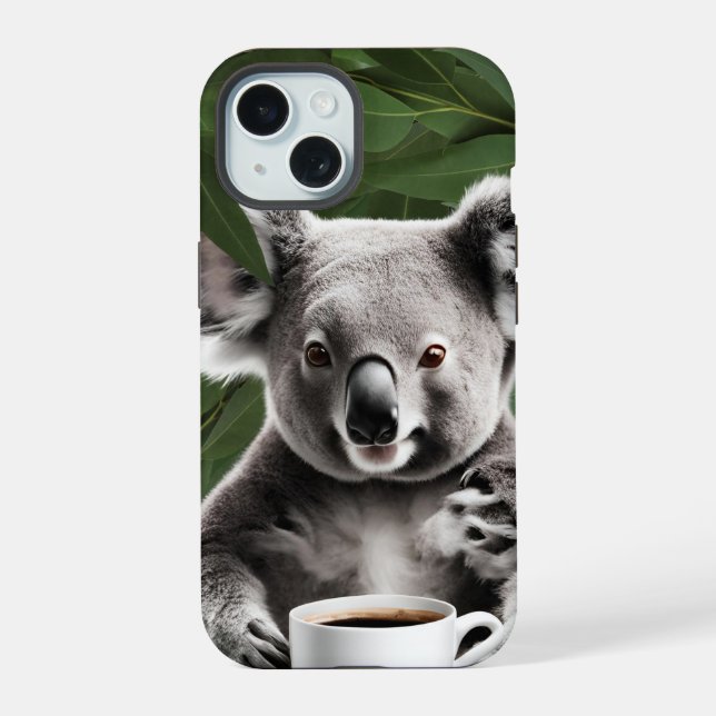 Koala Bear with Coffee Mug, Cosy Design iPhone 15 Case (Back)