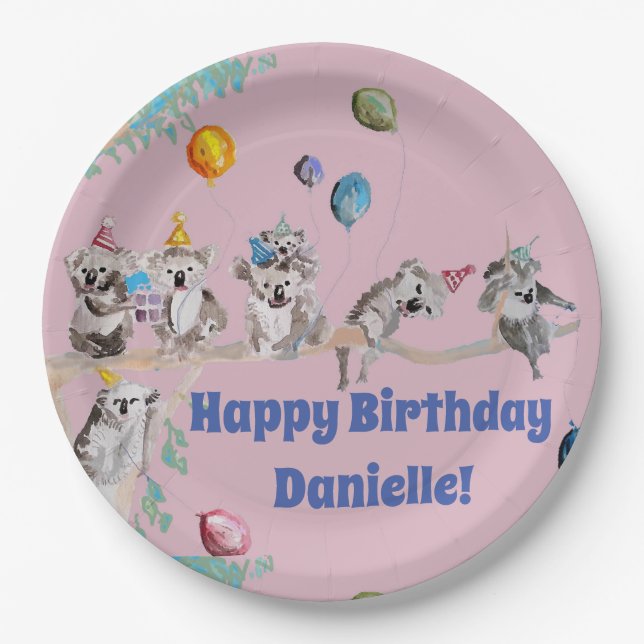 Koala Bears Birthday Party Animal Girls Pink Paper Plate (Front)