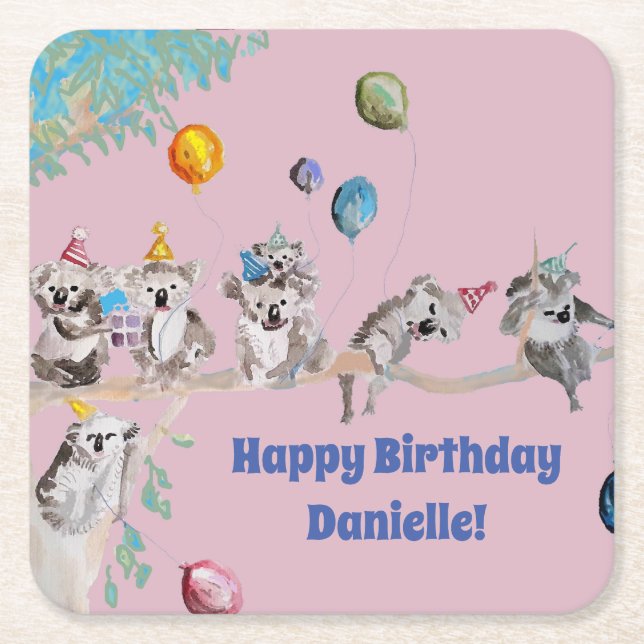 Koala Bears Birthday Party Animal Girls Pink Square Paper Coaster (Front)