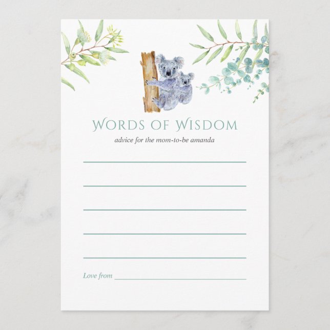 Koala Bears Eucalyptus Leaves Baby Shower Advice (Front)
