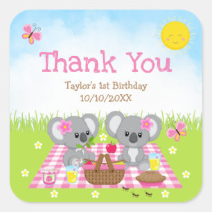 Koala Bears Picnic Birthday Pink Gingham Thank You Square Sticker