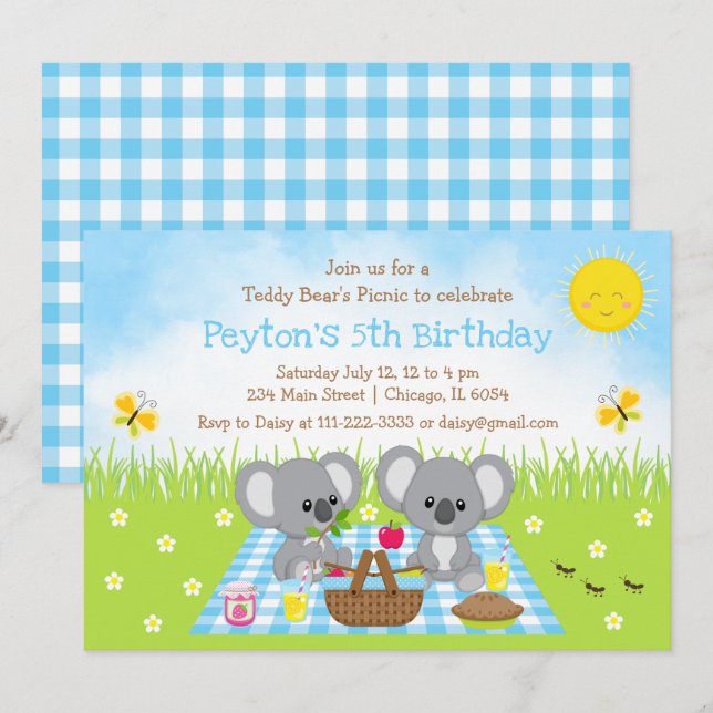 Koala Bear's Picnic Blue Gingham Birthday Invitation (Front/Back)