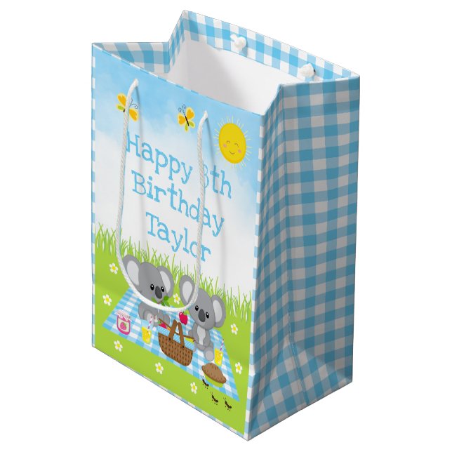 Koala Bears Picnic Blue Gingham Happy Birthday Medium Gift Bag (Front Angled)