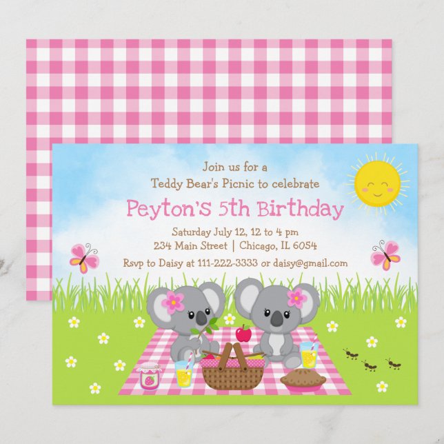 Koala Bear's Picnic Pink Gingham Birthday Invitation (Front/Back)