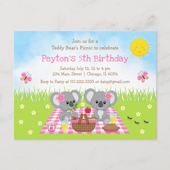 Koala Bear's Picnic Pink Gingham Birthday Postcard (Front)