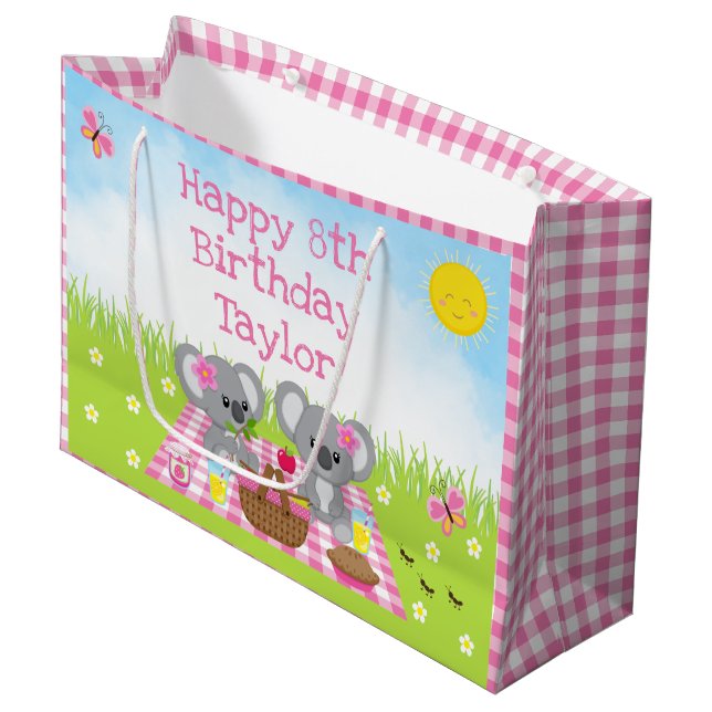 Koala Bears Picnic Pink Gingham Happy Birthday Large Gift Bag (Front Angled)