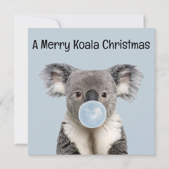 Koala Blowing a Blue Bubble gum Christmas Greeting Card (Front)