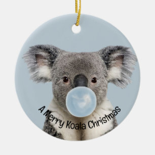 Koala Blowing a Blue Bubble gum Christmas Greeting Ceramic Tree Decoration