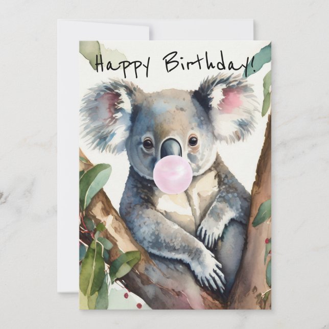 Koala blowing a pink bubble gum holiday card (Front)