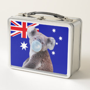 Koala Blowing Blue Bubble gum Australian Flag Metal Lunch Box