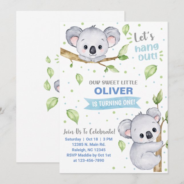 Koala boy birthday invitation, any age. invitation (Front/Back)