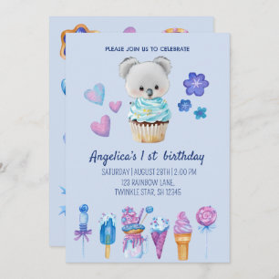 koala cake Ice-cream Blue Watercolor 1st Birthday Invitation